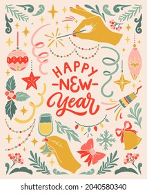 Happy New Year. Vintage greeting card. Linocut typographic banner. Colorful floral elements. Christmas decorations, crackers, garlands, bell, ribbon bow, champagne and sparklers illustrations.