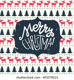 Happy New Year vintage hand lettering on nordic background with moose, fir trees and snowflakes. Hand drawn design great for invitation or greeting cards, holiday posters and flyers.