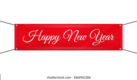 Happy New Year vinyl banner on grommets. Merry Christmas and happy New Year related 3d realistic vector illustration.