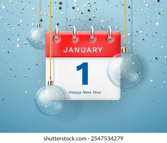 Happy New Year. Wall tear -off calendar with a date on January 1 among Christmas decorations against the backdrop of gold stars and a serpentine. Vector 3D Illustration.