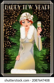 Feliz Año Nuevo con una chica flapper, árbol de navidad al estilo Art Deco, ilustración vectorial