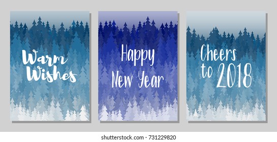 Happy New Year, Warm wishes, Cheers to 2018 cards. Winter forest panorama with blue christmas trees landscape. Winter scene background with fir trees, spruces. Greeting card templates vector design.