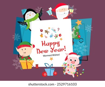 Happy New Year and warmest wishes  postcard with piglet, elf, penguin, Santa Claus and fir tree on abstract background with snowflakes. Can be used for postcards, greeting cards, leaflets