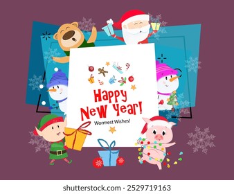 Happy New Year and warmest wishes bright postcard. Inscription with elf, piglet, Santa Claus, snowmen and bear on background with snowflakes. Can be used for postcards, greeting cards, leaflets