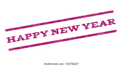 Happy New Year watermark stamp. Text tag between parallel lines with grunge design style. Rubber seal stamp with dirty texture. Vector purple color ink imprint on a white background.