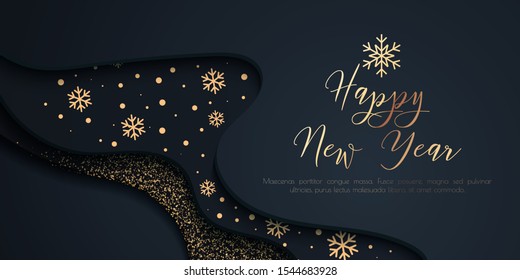 Happy New Year Wavy Background. Gold text design and decoration with snowflakes. Dark vector festive template for Black Friday banners, cards, etc