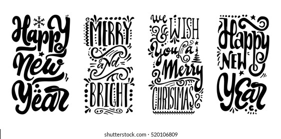 Feliz ano novo, Desejamos-lhe um feliz Natal, Feliz e brilhante, texto mão-letra. Caligrafia vetorial artesanal para o seu design