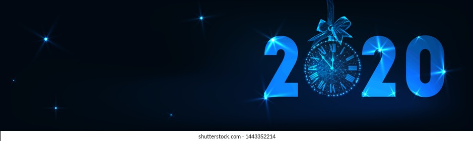 Happy New year web banner template with futuristic glowing low polygonal 2020 text, clock countdown, gift bow, stars and space for text on dark blue background. Modern design vector illustration.