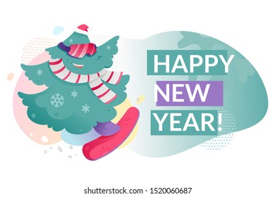 Happy New Year web banner template with funny Christmas tree character in scarf, glasses and Christmas hat on red snowboard. 