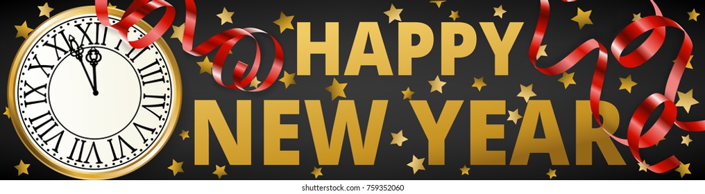 Happy New Year web, banner with golden serpentine streamers on black background