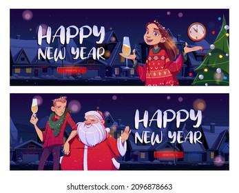 Happy New year web banners, party celebration. Cheerful Santa Claus, man and woman wearing knit sweaters drink champagne on night winter street, Merry Christmas greetings, Cartoon vector illustration