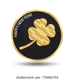 Happy New Year Web Button With Golden Clover Leaf And Shadow - Isolated On White Background