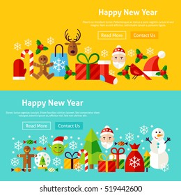 Happy New Year Website Banners. Vector Illustration for Web Header. Merry Christmas Modern Flat Design.