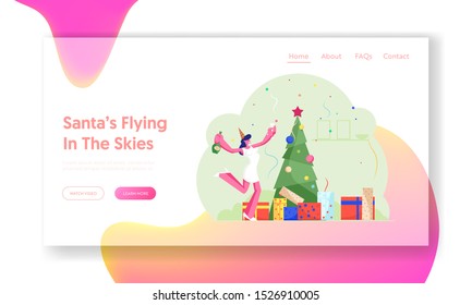 Happy New Year Website Landing Page. Cheerful Woman Celebrate Xmas Party in Office Dancing at Decorated Christmas Tree with Champagne Bottle and Glass Web Page Banner. Cartoon Flat Vector Illustration
