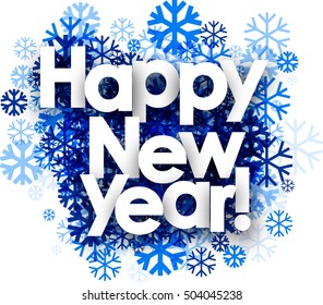 Feliz Año Nuevo fondo blanco con copos de nieve azules. Ilustración vectorial.