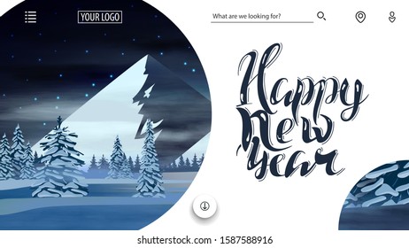 Happy New Year, white card for website with winter landscape with snow-covered pines, two big snowy mountains, white clouds and blue starry sky