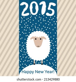 Happy New Year. White curly 2015 number with sheep instead of zero; clouds and snowflakes on blue sky above white snowy hill on striped background