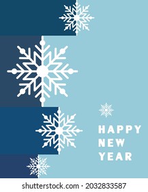 Happy New Year.  with white geometric snowflakes on a dark blue background. Greeting cards, holiday banner, web poster