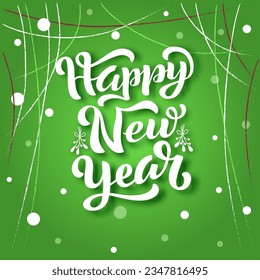 Happy New Year white lettering on textured background. Hand drawn vector illustration with text decor for greeting card or decor and advertising. Positive holiday festive quote for banner or concept