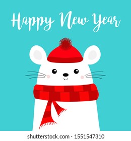 Happy New Year. White mouse head face. Red hat, scarf. 2020 sign symbol. Merry Christmas. Cute funny cartoon kawaii baby character. Flat design. Blue winter background. Vector illustration