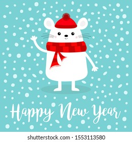 Happy New Year. White mouse head face. Red hat, scarf. 2020 sign symbol. Merry Christmas. Cute funny cartoon kawaii baby character. Flat design. Blue winter background. Vector illustration