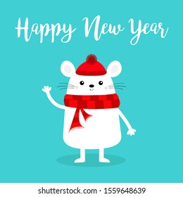 Happy New Year. White mouse waving hand. 2020 sign symbol. Merry Christmas. Cute funny cartoon kawaii baby character. Red scarf, hat. Flat design. Blue winter background. Vector illustration
