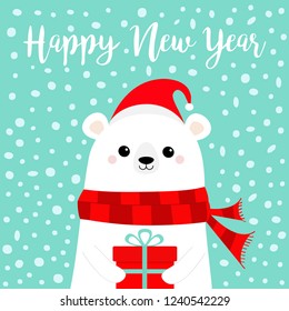 Happy New Year. White polar bear cub face holding gift box. Red Santa hat, scarf. Cute cartoon baby character. Merry Christmas. Arctic animal. Flat design Hello winter. Blue snow background. Vector