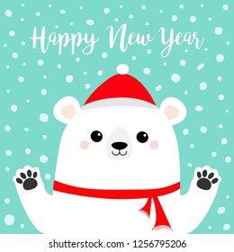 Happy New Year. White polar bear holding hands paw print. Red scarf, hat. Cute cartoon funny kawaii baby character. Merry Christmas. Flat design. Blue snow background. Vector
