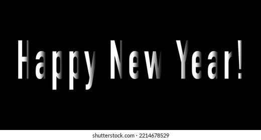 Happy New Year white text on black background. Letters are drawing in the background.  Simple horizontal banner, poster. Vector illustration.