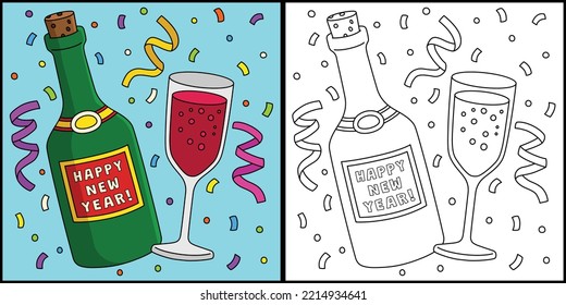 Happy New Year Wine Coloring Page Illustration