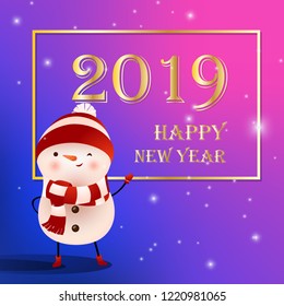 Happy New Year with winking snowman and frame poster design. Inscription in frame with cutie snowman in hat and scarf on purple background. Can be used for calendars, posters