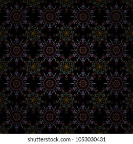 Happy New Year winter background. Vector design for textile, wallpaper, fabric, wrapping paper. Gray and brown and black simple seamless Christmas pattern - varied Xmas snowflakes with dots.