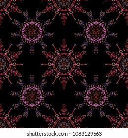 Happy New Year winter background. Vector design for textile, wallpaper, fabric, wrapping paper. Pink and orange and black simple seamless Christmas pattern - varied Xmas snowflakes with dots.
