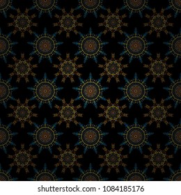 Happy New Year winter background. Vector design for textile, wallpaper, fabric, wrapping paper. Brown, yellow and blue and black simple seamless Christmas pattern - varied Xmas snowflakes with dots.