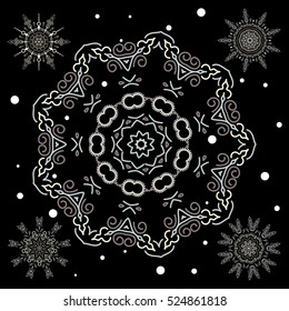 Happy New Year winter background. Vector design for textile, wallpaper, fabric, wrapping paper. Gray and black simple Christmas set - five varied Xmas snowflakes with dots.