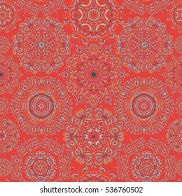 Happy New Year winter background. Vector design for textile, wallpaper, fabric, wrapping paper. Orange simple seamless Christmas pattern - varied Xmas snowflakes with dots.