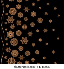Happy New Year winter background. Vector design for textile, wallpaper, fabric, wrapping paper. Orange and black simple seamless Christmas pattern - varied Xmas snowflakes with dots.