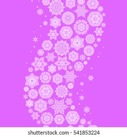 Happy New Year winter background. Vector design for textile, wallpaper, fabric, wrapping paper. Violet simple seamless Christmas pattern - varied Xmas snowflakes with dots.