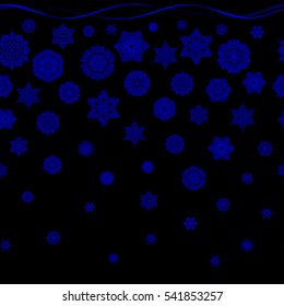 Happy New Year winter background. Vector design for textile, wallpaper, fabric, wrapping paper. Blue and black simple seamless Christmas pattern - varied Xmas snowflakes with dots.