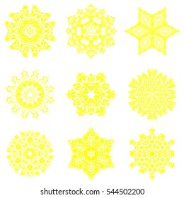 Happy New Year winter background. Vector design for textile, wallpaper, fabric, wrapping paper. Yellow and white simple Christmas set - nine varied Xmas snowflakes with dots.