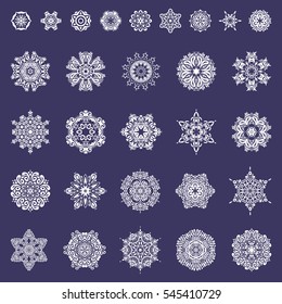 Happy New Year winter background. Vector design for textile, wallpaper, fabric, wrapping paper. Violet background with simple Christmas set - twenty nine varied Xmas snowflakes with dots.