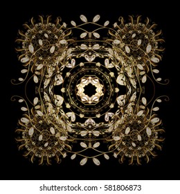 Happy New Year winter background. Vector design for textile, wallpaper, fabric, wrapping paper. Black simple Christmas pattern - varied Xmas gold snowflakes with dots.