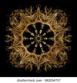 Happy New Year winter background. Vector design for textile, wallpaper, fabric, wrapping paper. Black simple Christmas pattern - varied Xmas gold snowflakes with dots.