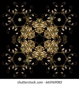 Happy New Year winter background. Vector design for textile, wallpaper, fabric, wrapping paper. Black simple Christmas pattern - varied Xmas gold snowflakes with dots.