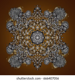 Happy New Year winter background. Vector design for textile, wallpaper, fabric, wrapping paper. Brown simple Christmas pattern - varied Xmas gold snowflakes with dots.