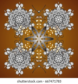 Happy New Year winter background. Vector design for textile, wallpaper, fabric, wrapping paper. Brown simple seamless Christmas pattern - varied Xmas snowflakes with dots.
