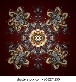 Happy New Year winter background. Vector design for textile, wallpaper, fabric, wrapping paper. Brown simple Christmas pattern - varied Xmas gold snowflakes with dots.