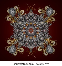 Happy New Year winter background. Vector design for textile, wallpaper, fabric, wrapping paper. Brown simple Christmas pattern - varied Xmas gold snowflakes with dots.