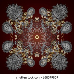 Happy New Year winter background. Vector design for textile, wallpaper, fabric, wrapping paper. Brown simple Christmas pattern - varied Xmas gold snowflakes with dots.