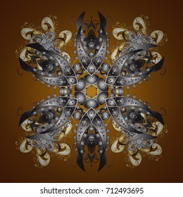 Happy New Year winter background. Vector design for textile, wallpaper, fabric, wrapping paper. Brown simple seamless Christmas pattern - varied Xmas snowflakes with dots.
